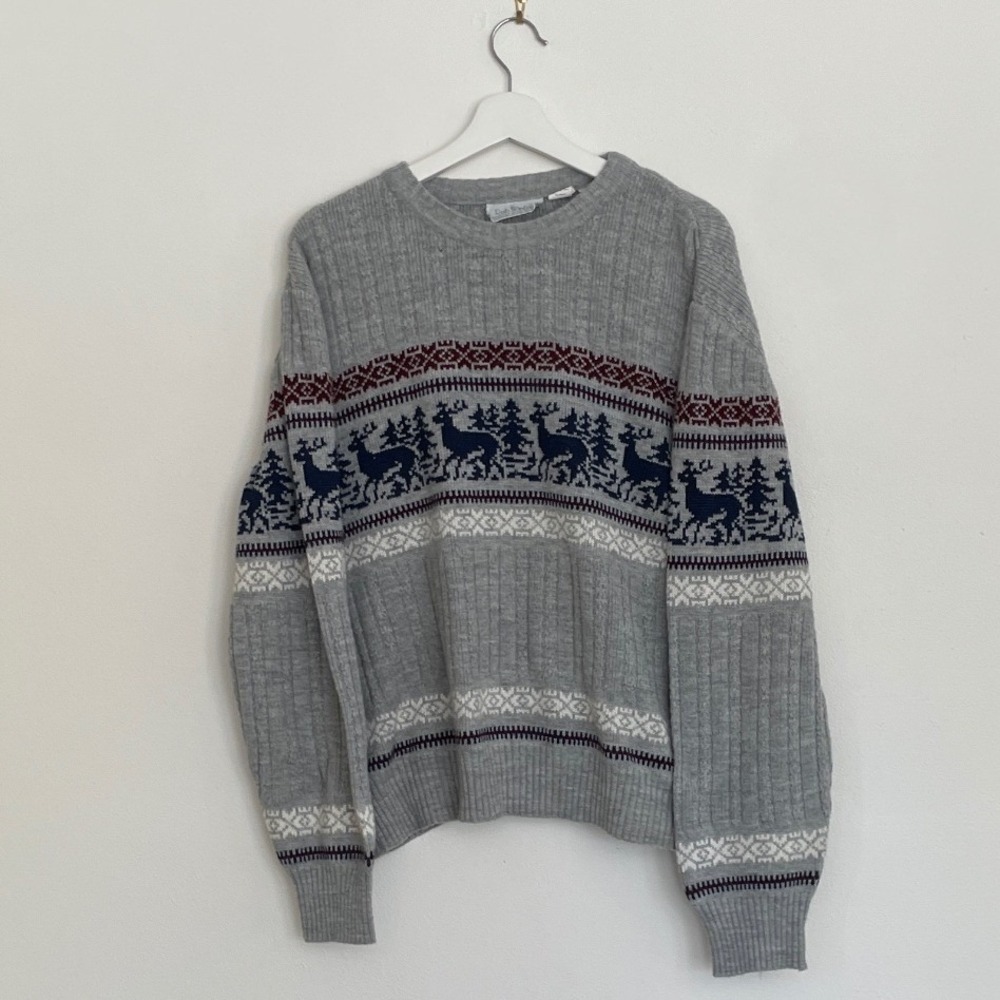 Rob Winter Vintage Fair Isle Reindeer Sweater Mens Large Grey Holiday Crewneck